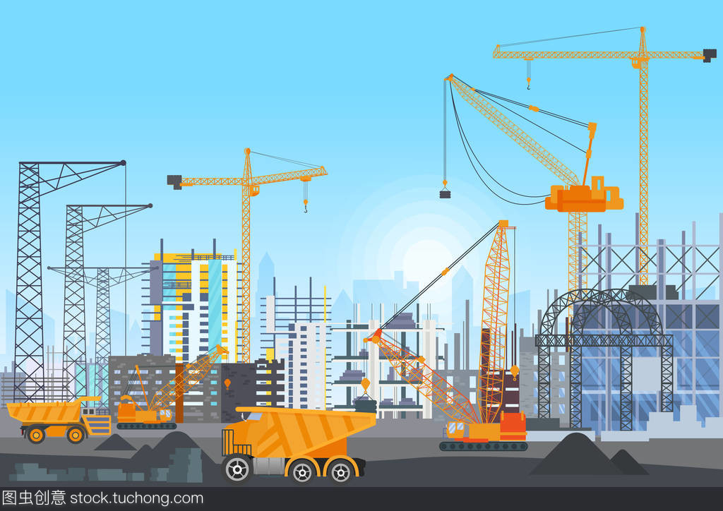 城市天際線建筑物建設施工用塔式起重機。房屋和建筑機械的建設工作進程。矢量圖